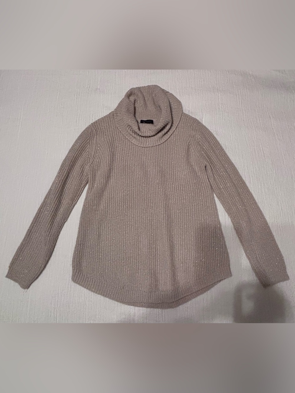 AB Studio Ribbed Turtleneck Sweater in Light Taupe with gold sparkle accents.
